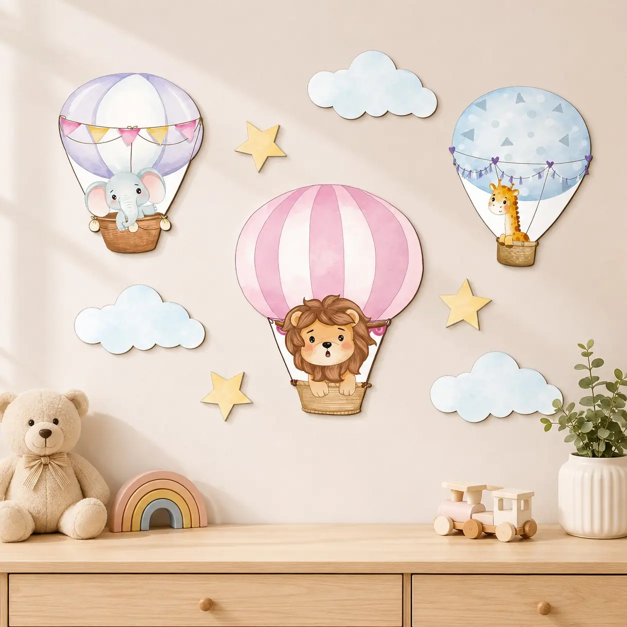 Hot Air Balloon Wooden Wall Decor, Funny Wall Decor, Decorative Wall Art, Animal Theme Kids Room Decoration, Baby Room Cloud Star Background Wall Hanging Ornament, Home Hanging Decoration