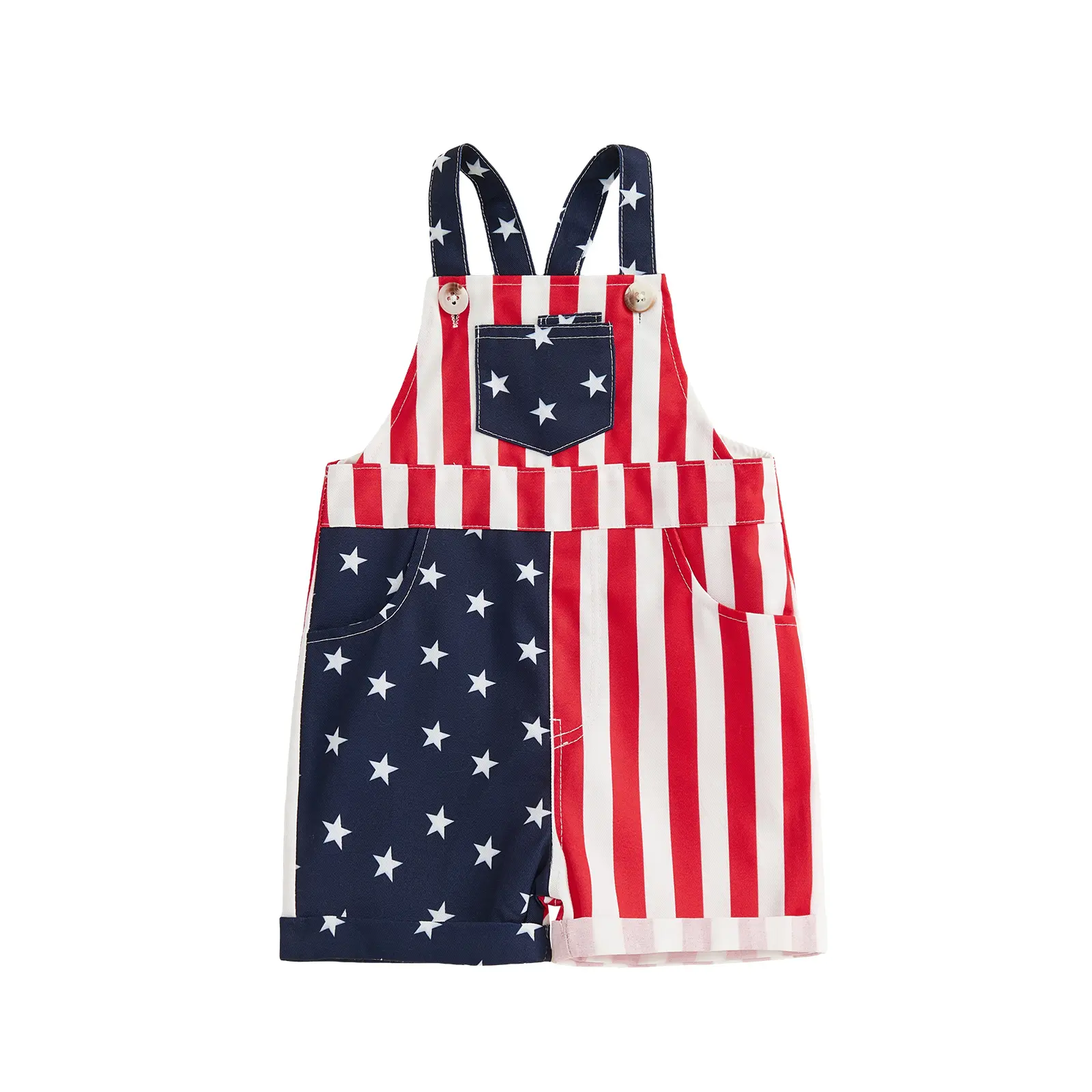 Kids Toddler Baby Boy Girl 4th of July Overalls Outfits American Flag Overall Shorts Suspender Jumpsuit with Pocket 0-5 Years