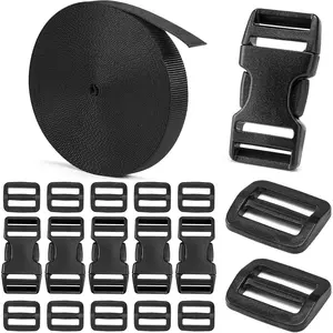 3/4" Buckles and Straps Set: 6 Yards of Thick Nylon Webbing, 6-Pack Quick Side Release Adjustable Plastic Buckles, 12 Tri-Glide Slide Clips(3/4" Combo Set)