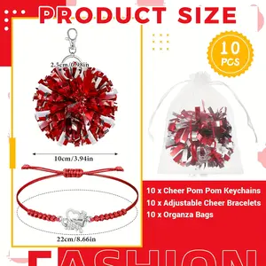 Cheerleader Gift Packs 10 Bulk Packs with Pom-Pom Keychains Cheer Bracelets Organza Bags for Team Spirit Dance Recitals Cheer Competitions Bulk Order for Women Heart