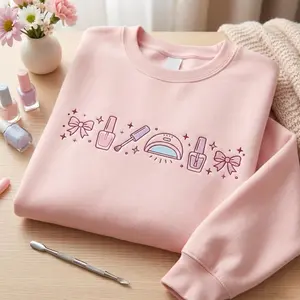 [MADE IN US] Cute Nail Art Embroidered Sweatshirt, Pink Beauty Aesthetic Sweater, Nail Tech Lover Gift, Cozy Girly Self Care Pullover