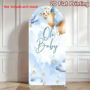Oh Baby Arch Elastic Background, Soft Tone Balloons Clouds Gold Stars Design, Baby Baptism Photography Backdrop, Universal Setting