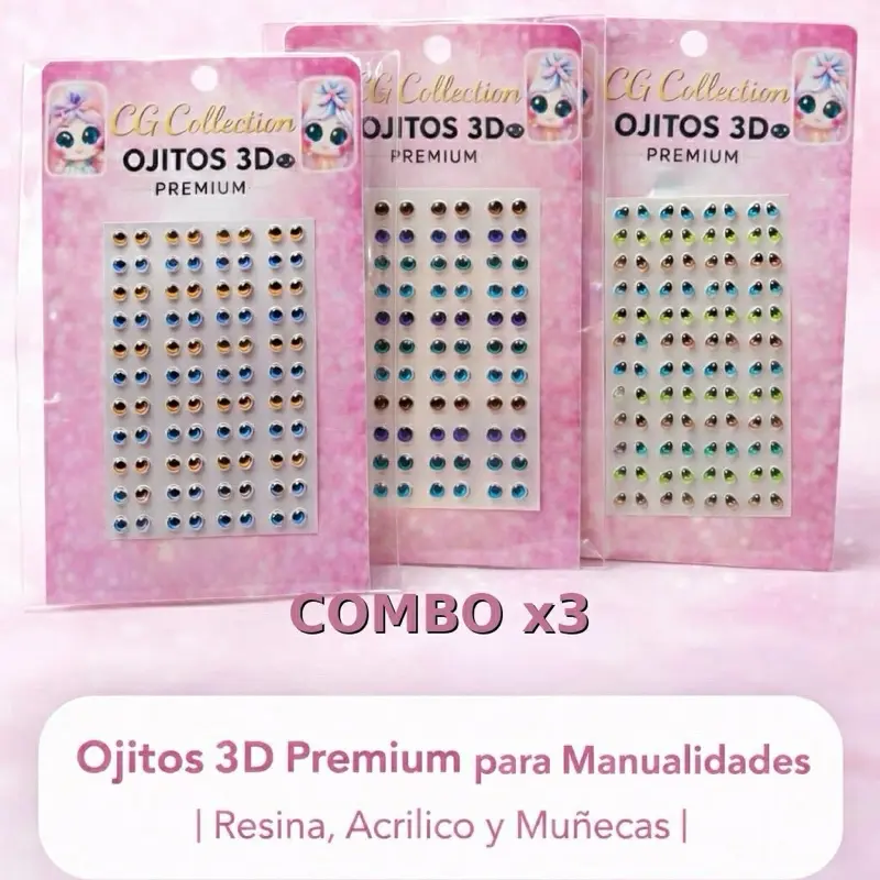Combo x3 -ojitos 3d manualidades,muñecas ,acrilico efecto 3D ,colores surtidos como la  foto