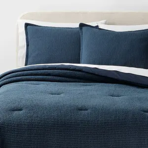 King Washed Waffle Weave Comforter and Sham Set Navy Blue - Threshold: Cotton, OEKO-TEX Certified, 3-Piece