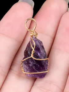 Natural Stone Amethyst Pendant Necklace, Irregular Shape DIY Jewelry Accessory, Metal Plated Gold Setting, Adhesive Design