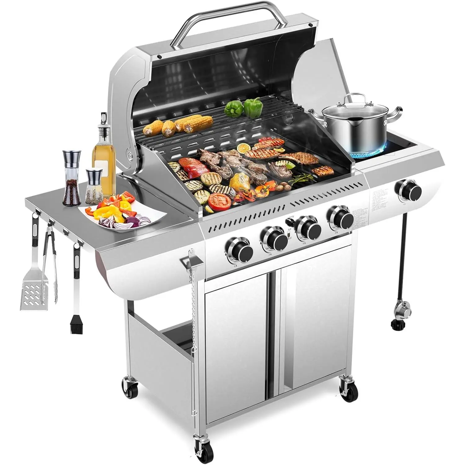 R.W.FLAME 4-Burner Stainless Steel Portable Propane Gas Grill with Side Burner, 42000BTU Anti-Adherent Family-Size Barbecue, Porcelain-Enameled Cast Iron Grill Grates & Baking Pan for Outdoor Cooking (Silver) - Casting Iron Freestanding Barbecues, Grill G