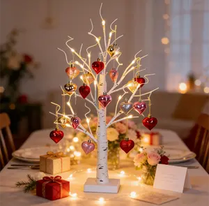 Pack of 1 – Mother’s Day 24-LED White Birch Tree with 18 Heart Ornaments, 22-inch Tall, Wedding Decor, Party Window Decor, Romantic Night Light, Tabletop Artificial Tree Ornament