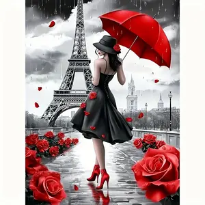 5D Full Drill Diamond Painting Kit, Elegant Lady with Red Umbrella in Paris Eiffel Tower Art for Home Wall Decor, DIY Craft with Sparkling Beads, Canvas & Tools, Perfect for Valentine's Day & Romantic Home Decoration, Handcraft