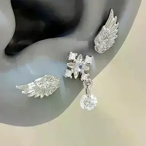 Angel Wing Stud Earrings 3Pcs Shiny Crystal Zircon Vintage Silver Color Luxury Jewelry Gift for Women