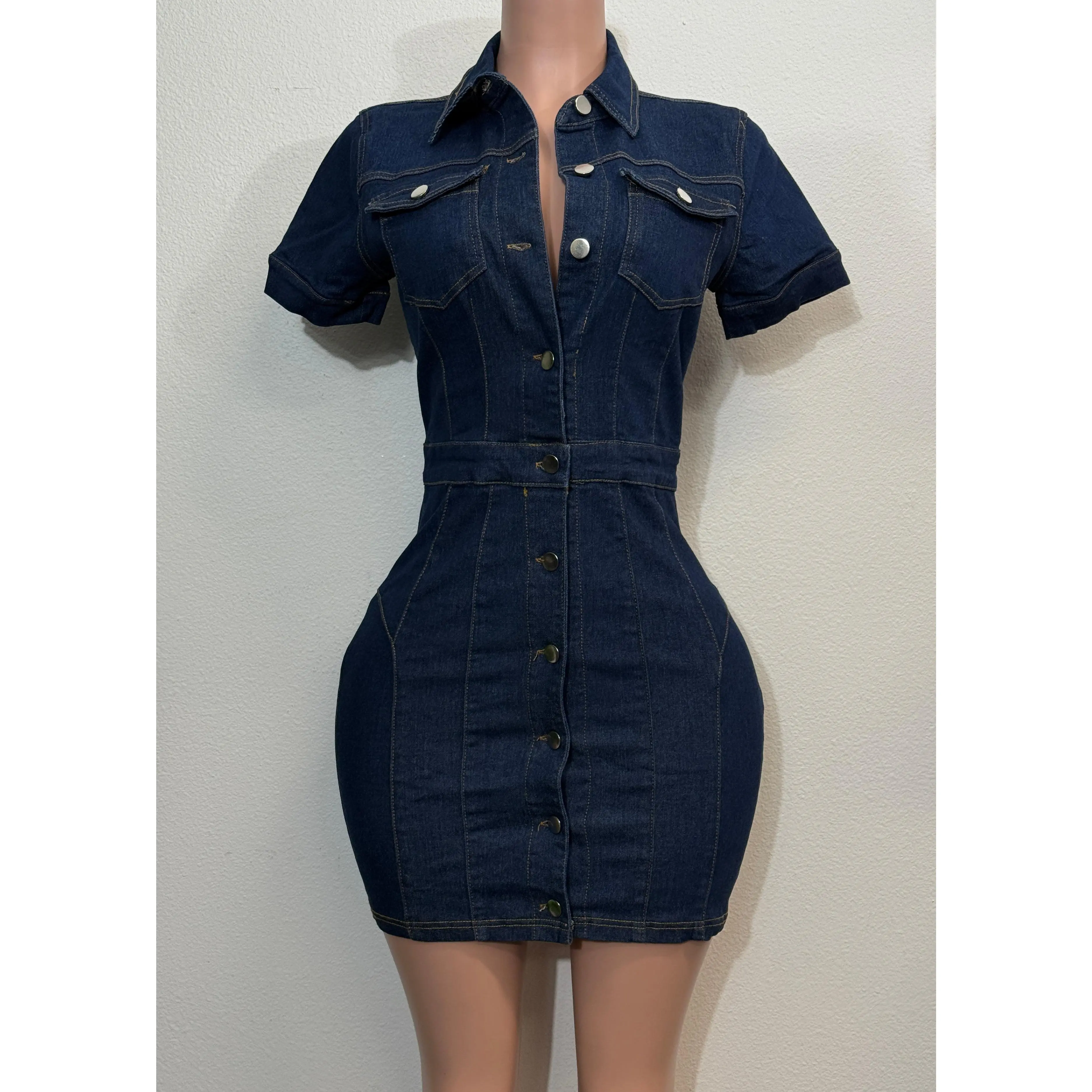 NALA DARK DENIM STRETCHY FITTED POCKET SHORT SLEEVE MINI DRESS - TikTok Shop