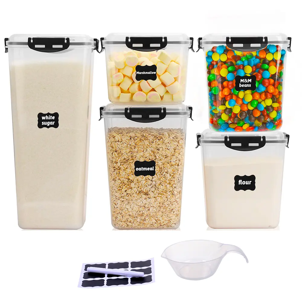 Thickened 5-pack Airtight Food Storage Containers with lids， Sturdy Plastic Covers, Stackable Containers for Pantry Fridge, Durable Kitchen organization，sugar，snack，coffee，grain，vegetable，fruit