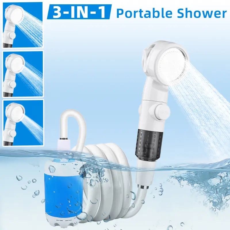 Portable Electric Camping Shower, Compact Rechargeable Outdoor Shower Pump with 3 Spray Modes and Bottom Suction, 4000mAh Battery Travel Accessory for Hiking & Pet Baths, Camping Accessories, Batteries, Waterproof Seal, Removable & Washable