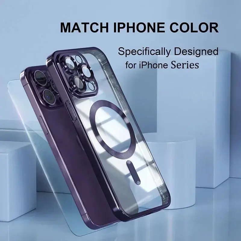 Luxury Plated Plastic MagSafe Smartphone Case for iPhone 17 Air/17/16/15/14/13/12/11 Pro Max Plus - HD Lens Protection, Magnetic Wireless Charging, Shockproof Design, Black Casing, Screen Protector, Cellphone Accessory with Protector