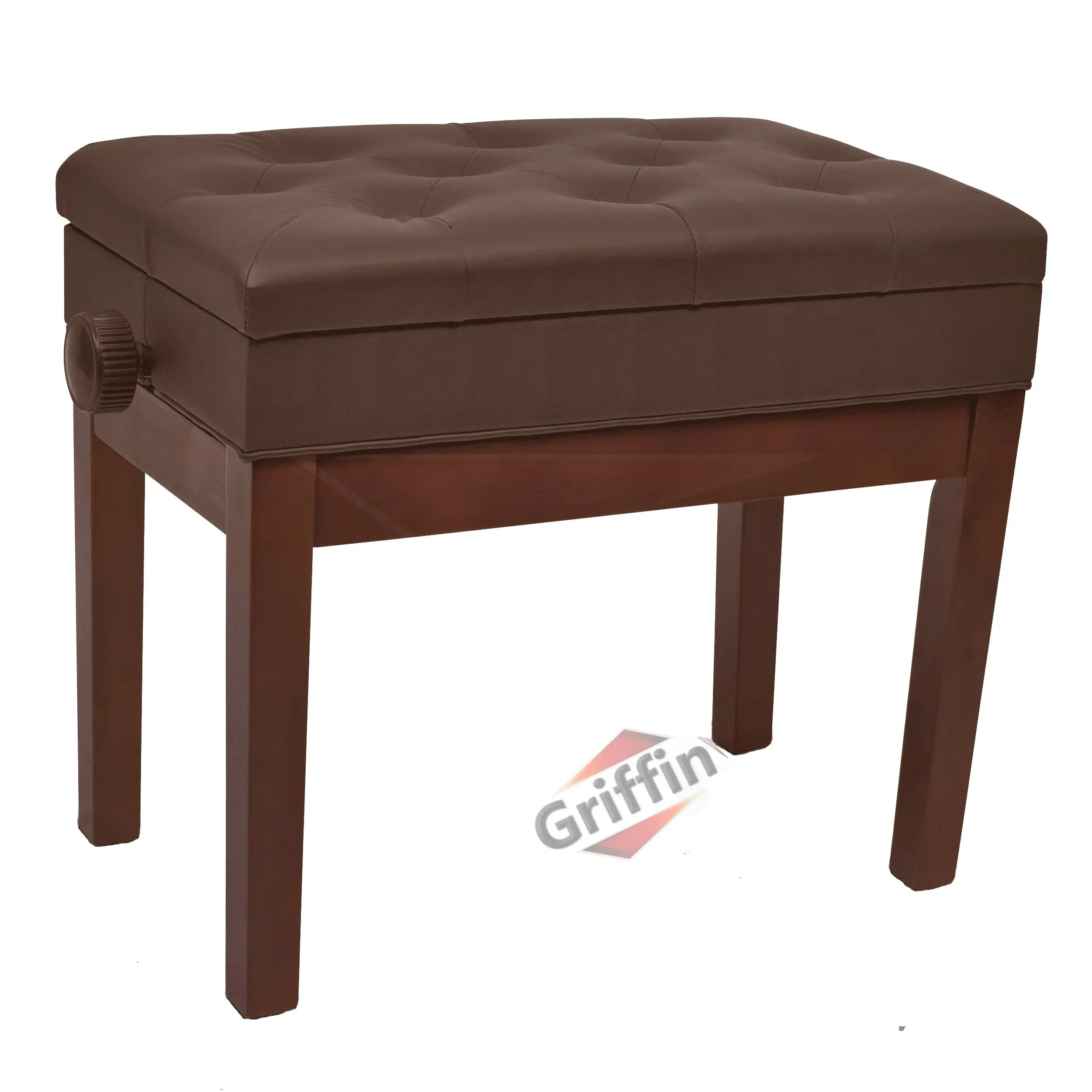 Adjustable Piano Brown PU Leather Bench by GRIFFIN | Vintage Stylish Design, Heavy-Duty & Ergonomic Keyboard Stool | Comfortable Seat & Convenient Hidden Storage Space Perfect For Home & Professional