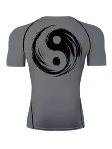Yin & Yang Symbol Print Short Sleeve Compression Shirt for Men, Summer Athletic Quick Drying Breathable T-shirt, Gym Workout Running Rash Guard Undershirt Baselayers Activewear Sportswear, Athletic Compression Shirts