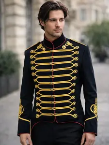 Men's British Hussar Military Jacket Black & Red Gold Braided Tailcoat Historical Uniform