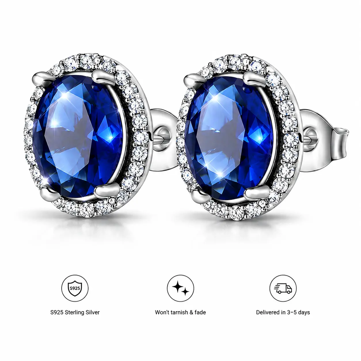 925 Sterling Silver Blue Sapphire Stud Earrings for Women, Oval Cubic Zirconia Halo Earrings, Hypoallergenic Elegant Statement Jewelry, Sparkling Everyday Earrings Gift for Wife Girlfriend Mom
