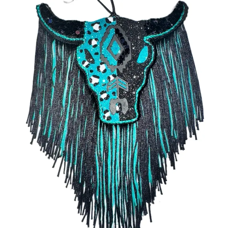 Glitter Aztec Bull Car Freshener Customizable with Aroma Beads Bold Glittery Design Leopard Print & Aztec Bull Pattern 6"x4.5" with Fringe