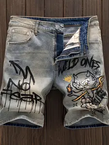 New European and American vintage printed hole jeans