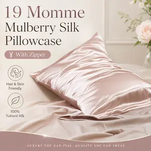 19 Momme Mulberry Silk Pillowcase with Zipper for Hair and Skin, 100% Natural Silk