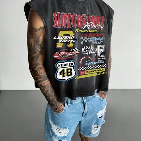 Men's Regular Fit Racing Print Round Neck Cotton Soft Knit Fitted Tank Top, Casual Sleeveless Graphic Vest for Spring & Fall, Fashion Men's Top for Daily Wear