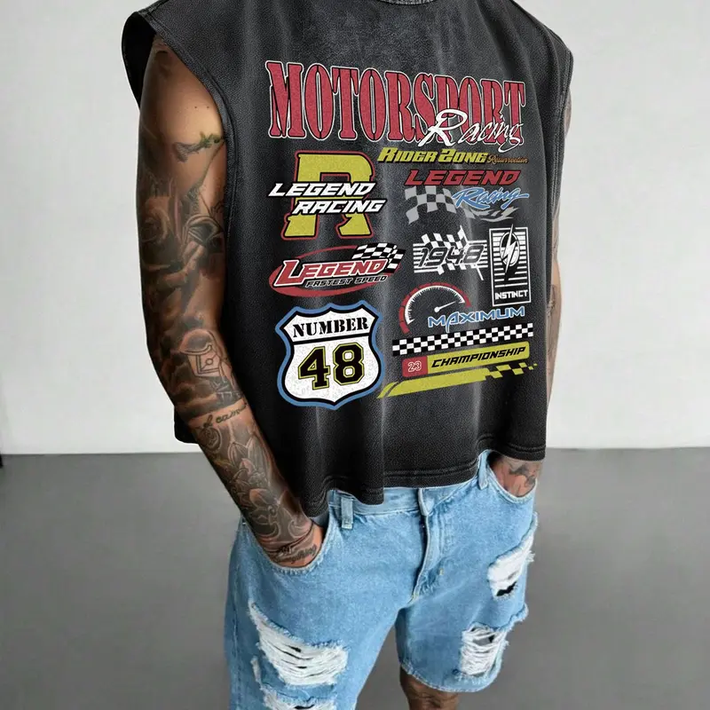 Men's Regular Fit Racing Print Round Neck Cotton Soft Knit Fitted Tank Top, Casual Sleeveless Graphic Vest for Spring & Fall, Fashion Men's Top for Daily Wear