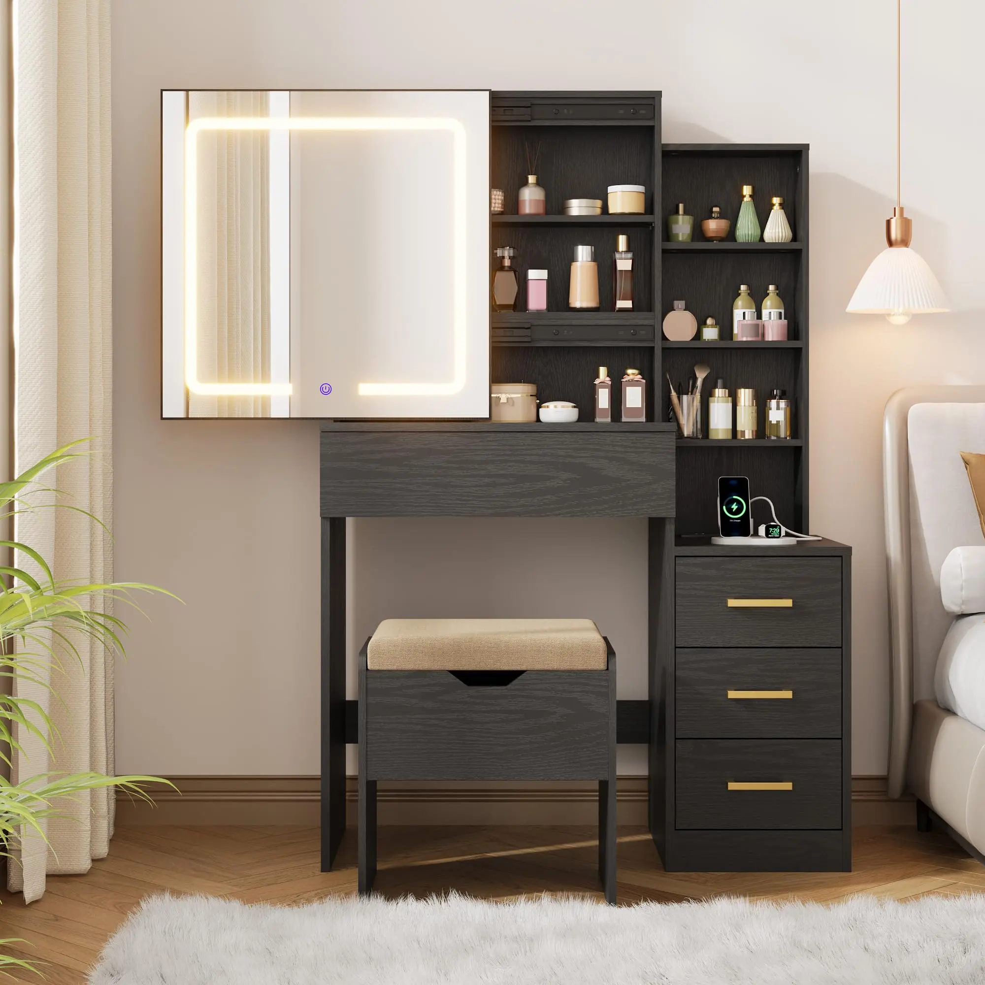 Garvee Small Makeup Vanity Desk with Mirror and Lights, 3 Color Modes, Compact Vanity with Drawers, Stool, and Power Outlet - Black
