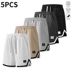 Men’s waffle-knit shorts, set of 5 — summer streetwear featuring contrast stripes and labels; waffle knit design, suitable for summer wear, with pockets and a drawstring closure