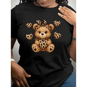 Leopard Print Little Bear Graphic TShirt for Women Soft Stretch Short Sleeve Round Neck Casual Top Machine Washable Comfort Fit Daily Wear for Spring Summer and Fall Nontransparent Fabric