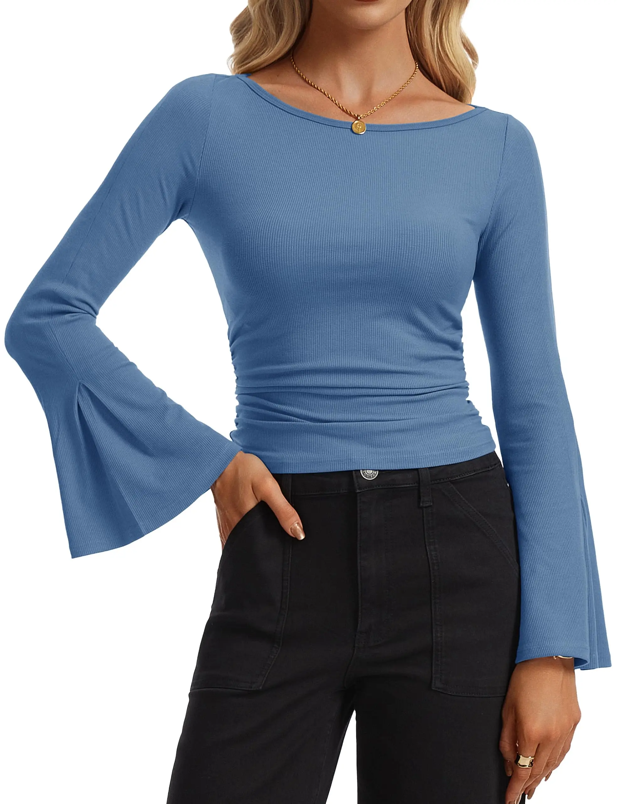 Cotrasen Boat Neck Tops for Women Bell Sleeve Shirts Ribbed Ruched Crop Tops | Going Out Tops for Women Long Sleeve Shirts Y2K Clothes 2026 Spring Trendy Blouse Cinched Waist Tops Batwing Fitted Tshirt