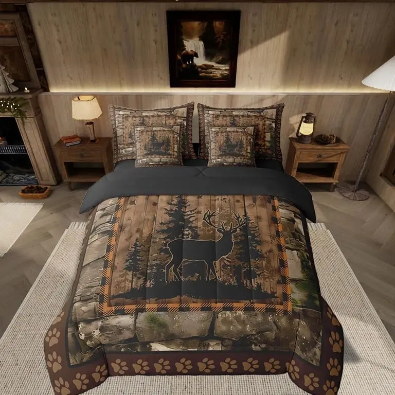 Deer Bedding Set Wild Animal Comforter Set with Sheets 7 Piece Rustic Cabin Country Bed in a Bag Room Decor Deer Hunting Brown Bed Set