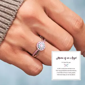 Pink & Blue Crystal Ring for Women, "Mama of an Angel" Gentle Memorial Jewelry, Eternal Embrace Sympathy Ring with Comfort Poem Card, Soft Remembrance Gift for Grieving Mothers