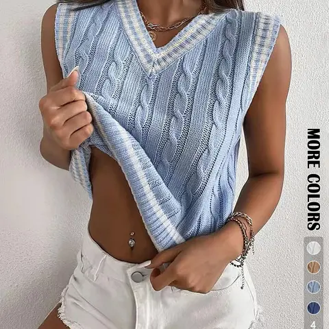 New Autumn Simple Knitwear Sport Sleeveless Vest, Casual Long Fitted Striped Tank Top, Women's Relaxing Pullover Upper Garment, V Neck Sleeveless