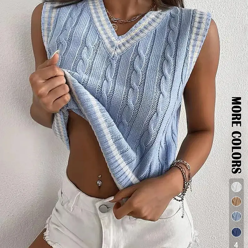 New Autumn Simple Knitwear Sport Sleeveless Vest, Casual Long Fitted Striped Tank Top, Women's Relaxing Pullover Upper Garment, V Neck Sleeveless