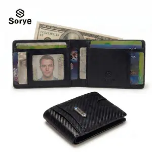 SORYE Men's Ultra Thin RFID Enclosed Leather Wallet Can Hold 12 Cards+Cash, Carbon Fiber - Perfect Gift for Halloween or Father's Day