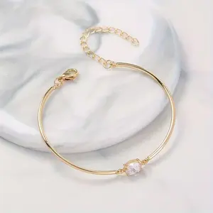 Oval Crystal Cuff Bangle Bracelet 14K Gold Plated Adjustable Chain for Women Dainty Minimalist Jewelry Everyday Gift