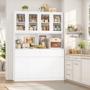 FOTOSOK  74.8" Tall Pantry Cabinet, 55.1" Wide Kitchen Pantry Cabinet  with 2 Drawers, Kitchen Hutch with Microwave Stand, Tall Storage Cabinet for Living Room, White, #