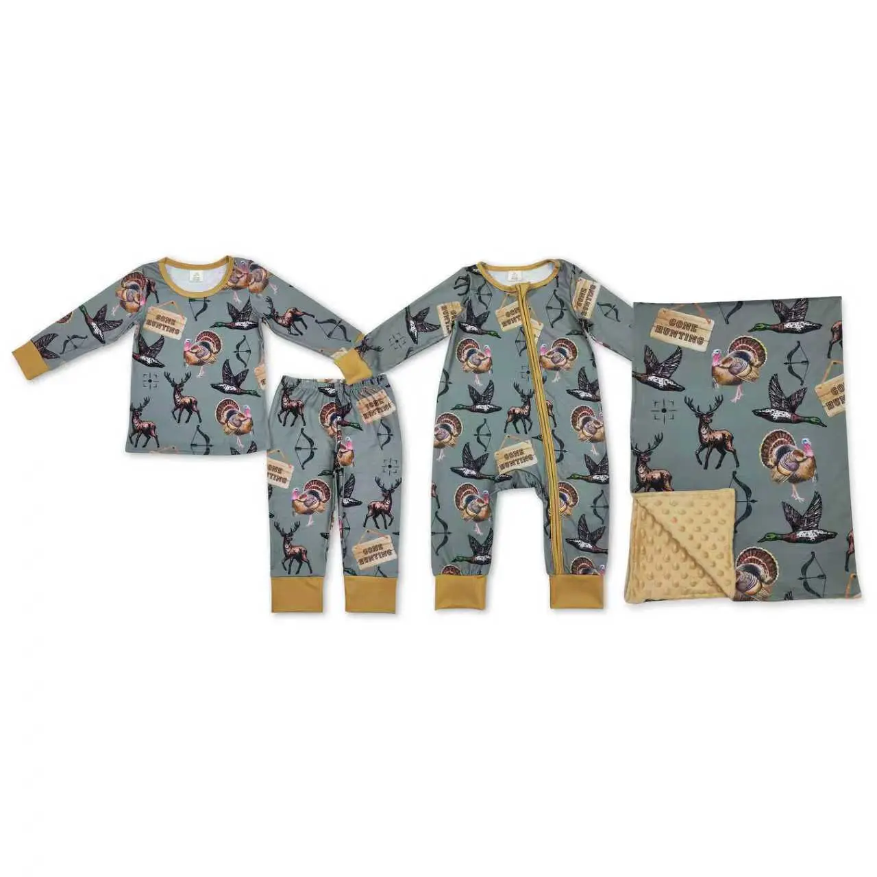 Toddler Boys' Long-Sleeved Zip-Up Romper - Crewneck Toddler Pjs, Hunting Animal Print Sleepwear with Deer, Duck, Turkey Graphics, Crewneck Sleepwear