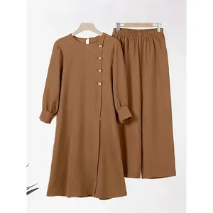 Middle Eastern Muslim Women'S Two-Piece Set Fashionable Elegant Solid Color Side Slit Long Shirt Wide Leg Pants Dress