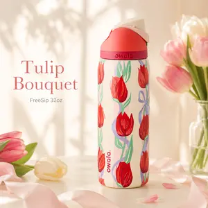 Tulip Bouquet Owala Water Bottle 32 oz 2025 Collection, Limited Edition Sold Out In Stores, New with Tags; White with Red Tulips