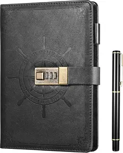 Black Journal with Lock, Refillable Faux Leather Lock Diary Notebooks Planner Organizer with Pen, A5 College Ruled 210 Lined Pages Locking Journal Notebook