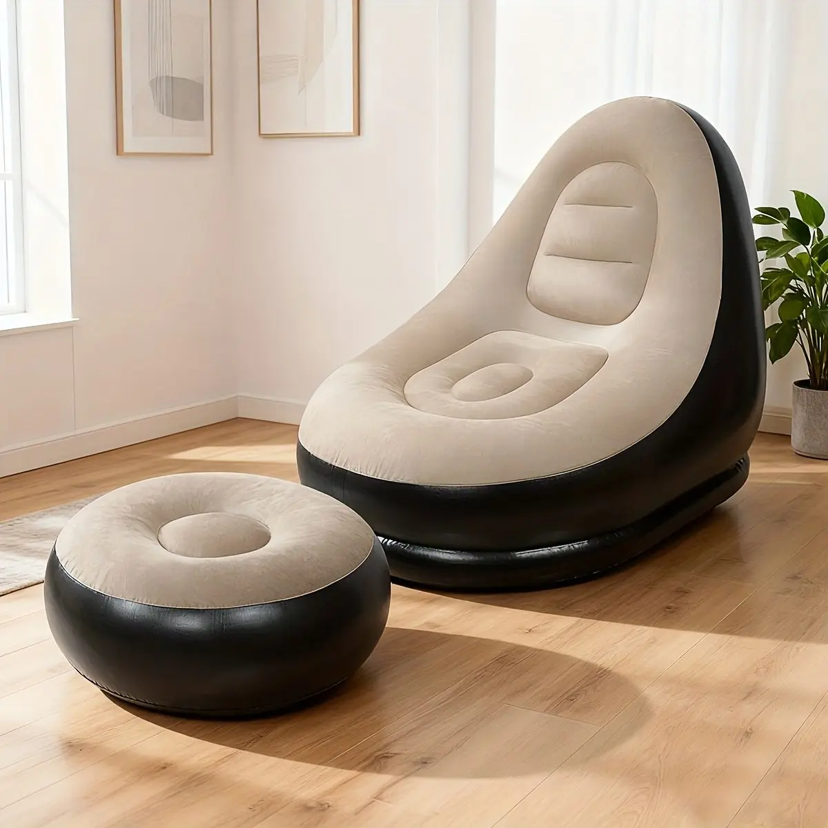 Adult Inflatable Recliner Sofa with Foot Stool - Heavy-Duty Portable Folding Air Couch, Space-Saving Indoor/Outdoor Lounge Chair 2pcs Outdoor Inflatable Sofa Set with Plush Fabric Lounge Chair & Footstool - Portable Inflatable Pump Included