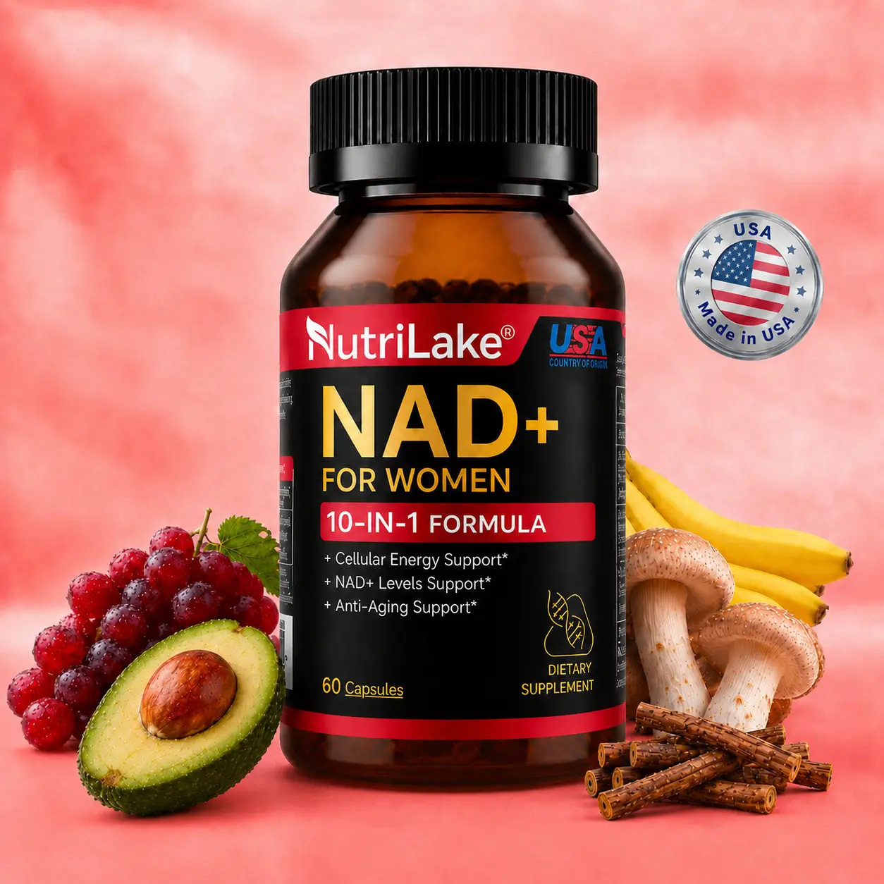 NutriLake NAD+ Supplements for Woman Anti-Aging,Wrinkle Defense Capsules –  Trans-Resveratrol,Ergothioneine-Super Blend CoQ10,PQQ,Supports Cellular Health,Energy & Skin Revitalization – 60 Capsules Healthcare Nutrition Supplements
