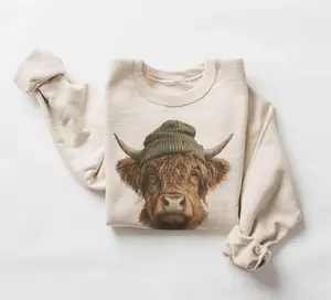 Highland Cow Beanie Sweatshirt – Cute Cozy Cow Crewneck, Funny Farm Animal Sweater, Unisex Country Lover Gift