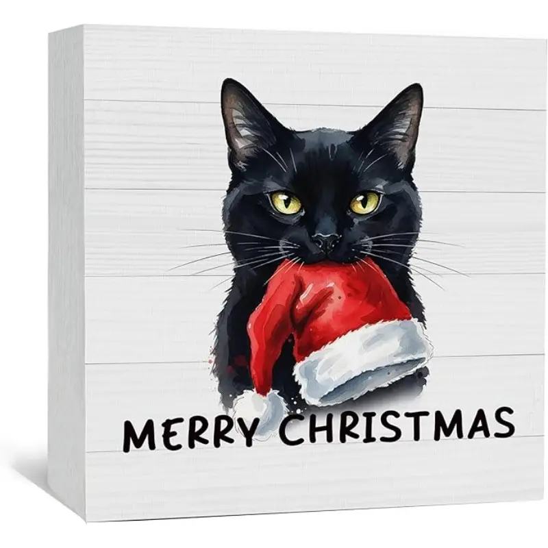 Black Cat Christmas Decor Sign Decorations, Merry Christmas Wooden Box Sign, Animal Winter Wood Sign for Home Kitchen Bedroom, Cat Gifts for Women 5x5 inch