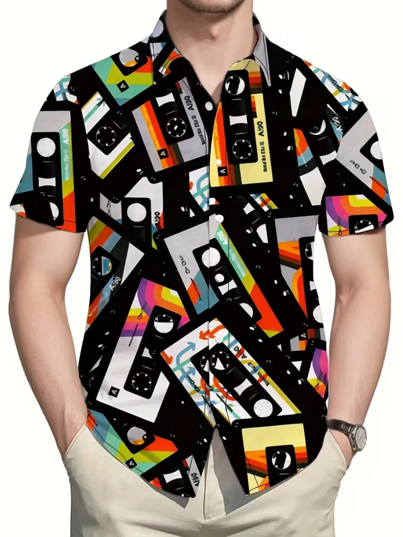 Men's Y2K Retro Tapestry Short Sleeve Shirt, Vibrant Geometric Design, Casual Summer Button-Up, Lightweight Breathable Polyester
