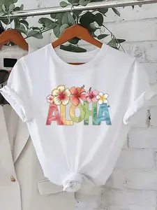 Women's Hawaiian T-Shirt - ALOHA Letter & Tropical Floral Print Short Sleeve Top,,T-Shirt- Oversized Casual Short Sleeve Round Neck Tee, Soft Breathable Fabric For Holiday Parties& Gift Giving