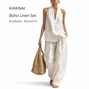 Boho Linen Two Piece Set Halter Neck Sleeveless Top & Wide Leg Pants Perfect for Beach Vacation & Brunch Womens Fashion Casual Wear - Clothes, Womenswear
