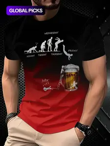 3D Printed Beer Evolution Pattern T-Shirt, Humorous Monday-Friday Design, Gradient/ Casual Short Sleeve, Durable Print Quality, Casual Summer Tee