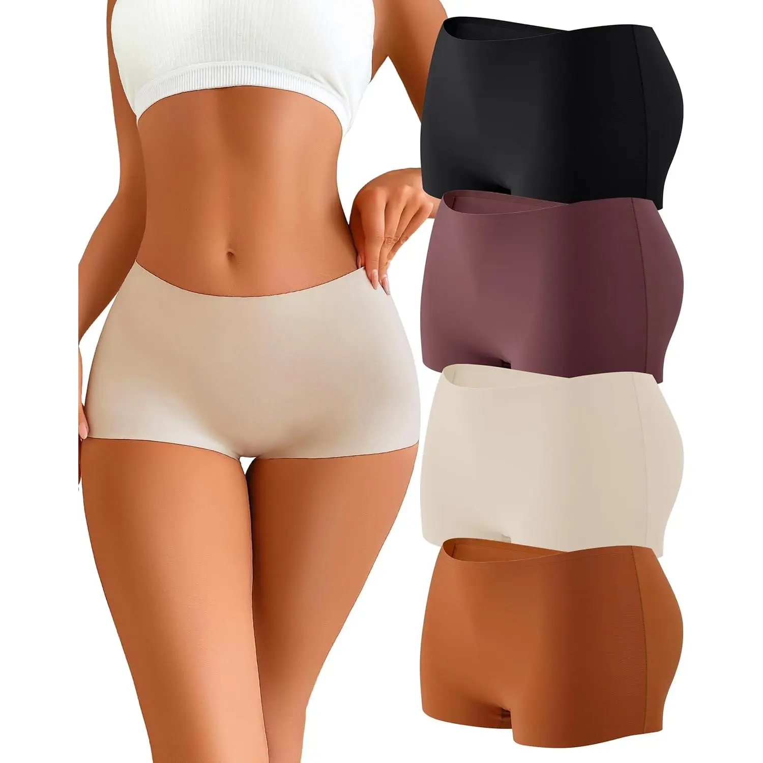 Women's Seamless Boy Shorts Underwear, 4-Pack Solid Plain Polyamide-Elastane Nylon Blend, Soft Comfy Underwear with Seamless High Elastic Knitting, Slimming Effect No-Show Pull-On Panties, Tummy & Waist Reduction, All Seasons Casual, Cold Wash Friendly